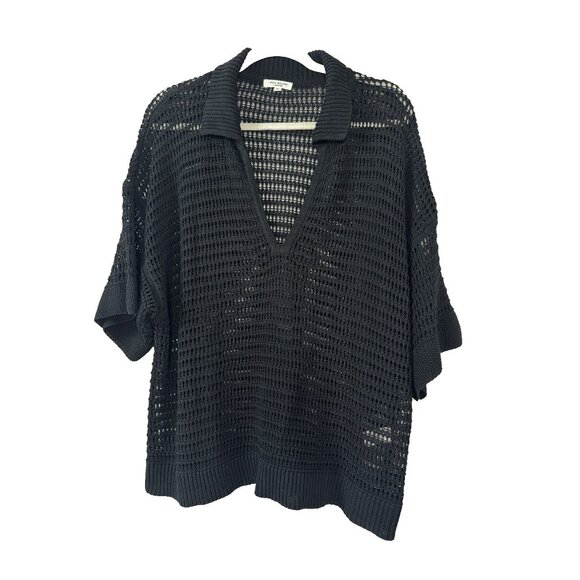 Max Studio XL Black Open Knit Linen Tencel V-neck Collared Sweater Preppy Boxy - Picture 1 of 8